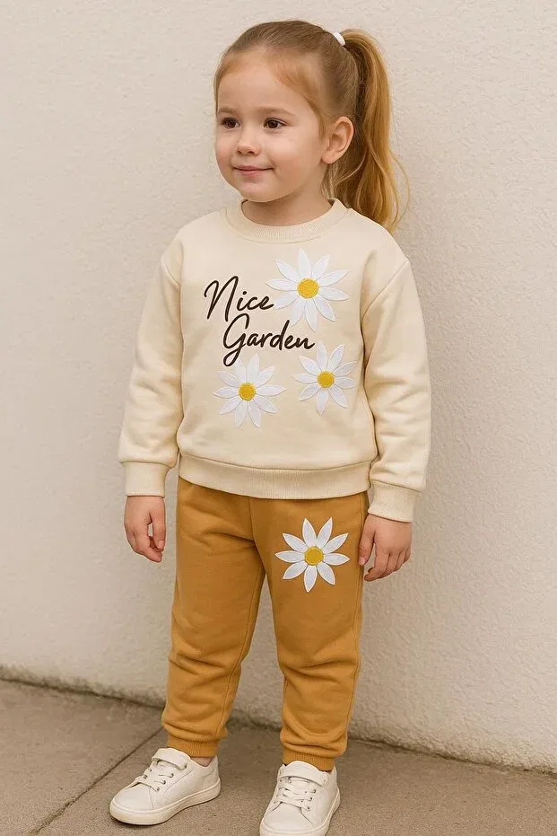 Детский спортивный комплект для девочек с принтом Girls' flower-patterned tracksuit set Ueskids, Cream