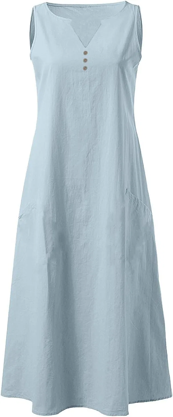 Женское льняное платье миди с V-образным вырезом, Light Blue — фото 4