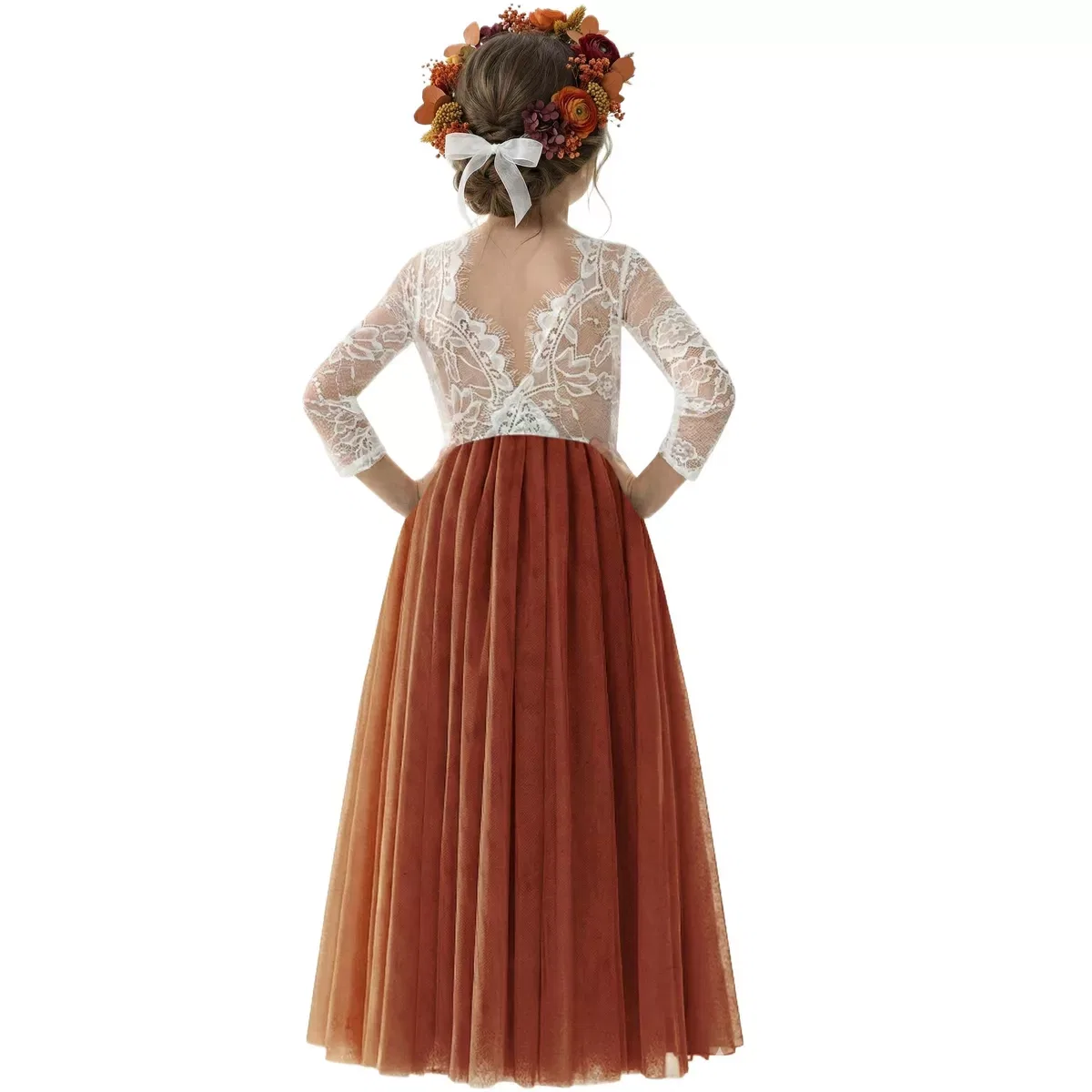 Детское платье-макси для девочек с длинным рукавом Rose Lace Tulle 2bunnies, Orange