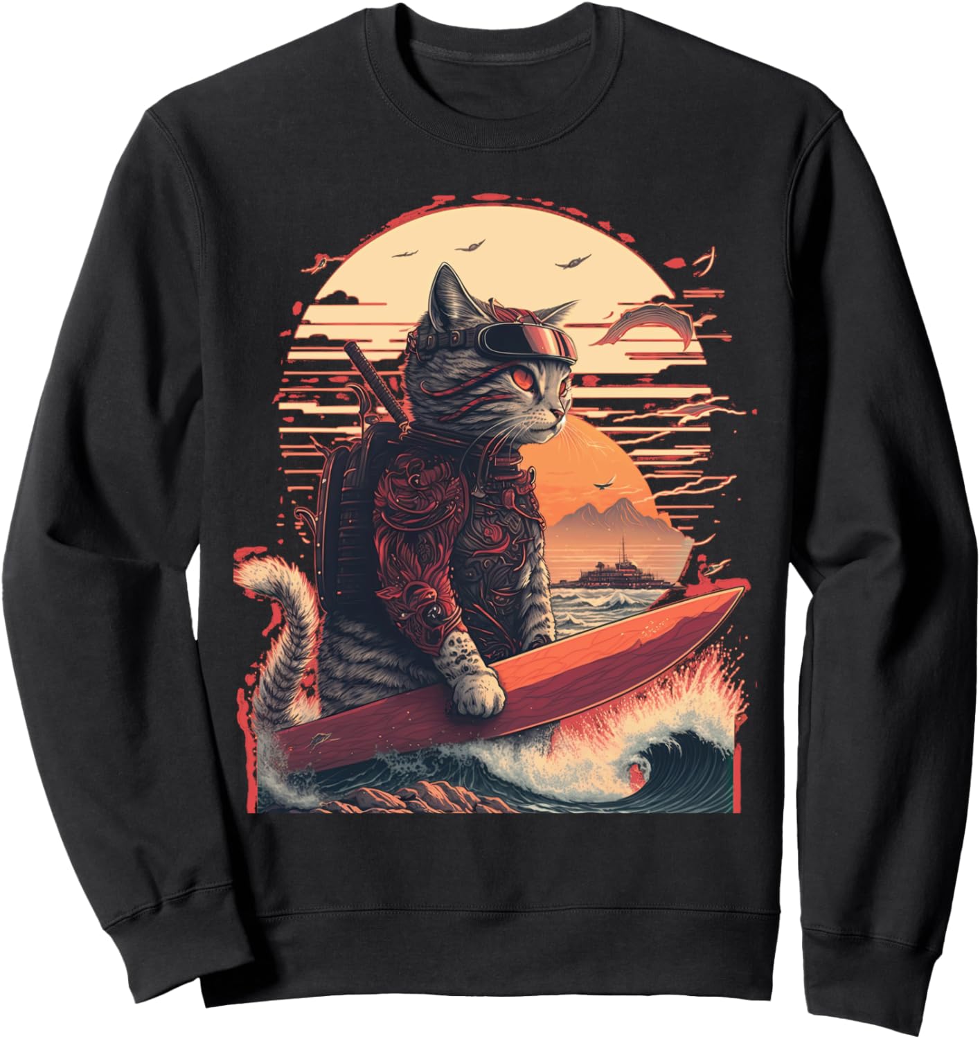 

Японская толстовка с изображением самурайского кота и волн Eastern Japan Anime Culture, черный