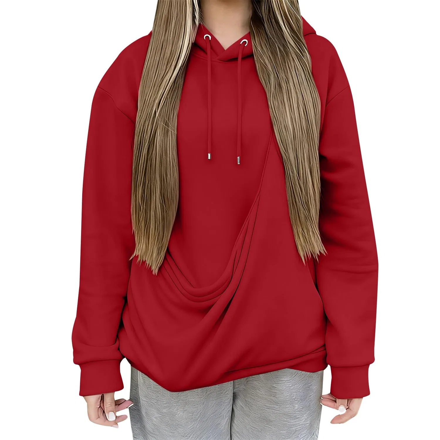 Женский худи с длинным рукавом и карманом-кенгуру Cat Hoodie, red — фото 4
