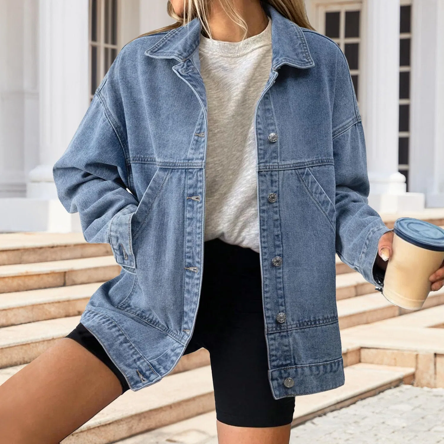 Женское джинсовое пальто oversize с открытыми плечами, Blu reale — фото 2
