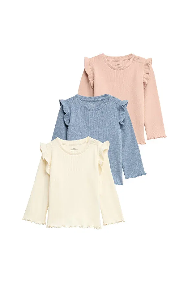 Детский лонгслив для девочек с принтом 3-Pack waffle top Marks & Spencer, Pink Mix — фото 3