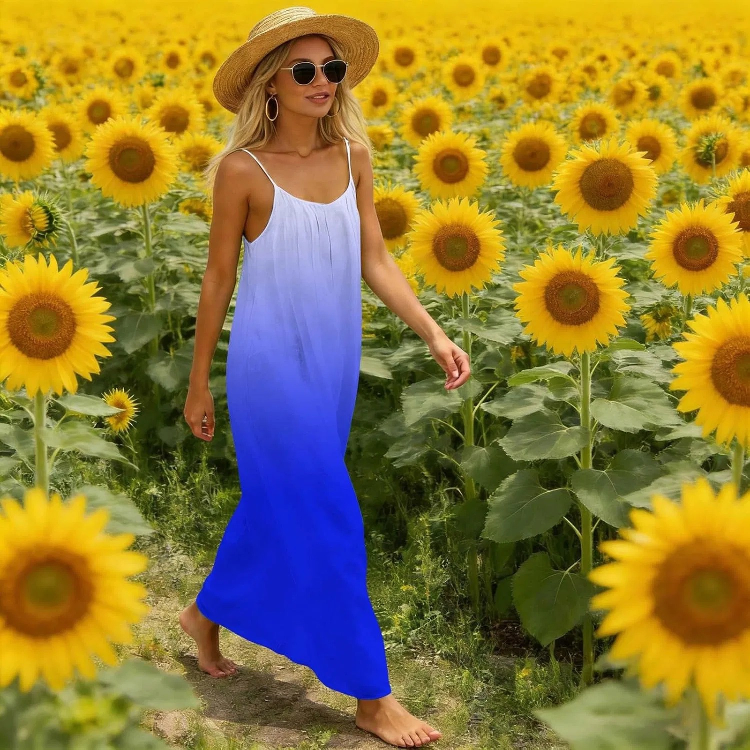 Женское летнее платье-комбинация с открытой спиной, клетка, Maxi, Blue — фото 3