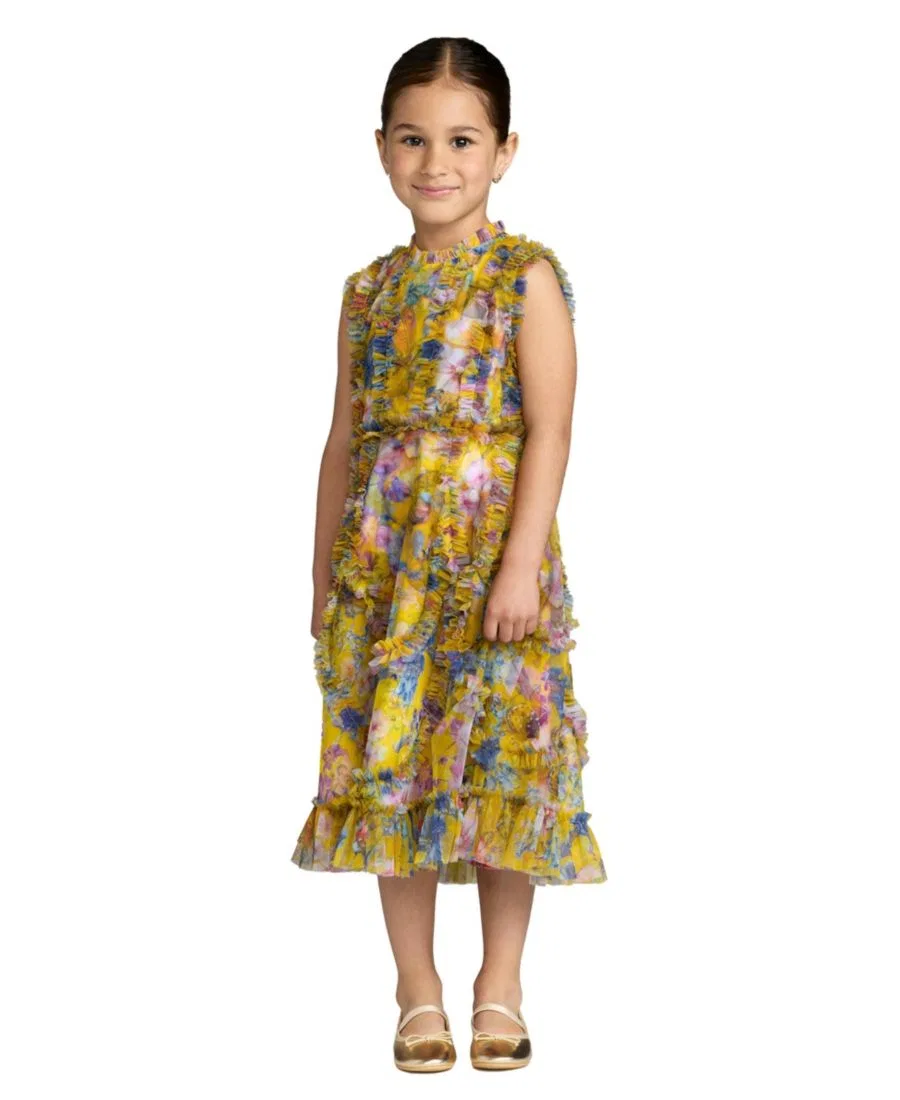 Платье без рукавов с рюшами и принтом Big Girls 2-14 Sleeveless Mesh Ruffle High Neck Dress Mac Duggal, Yellow Multi