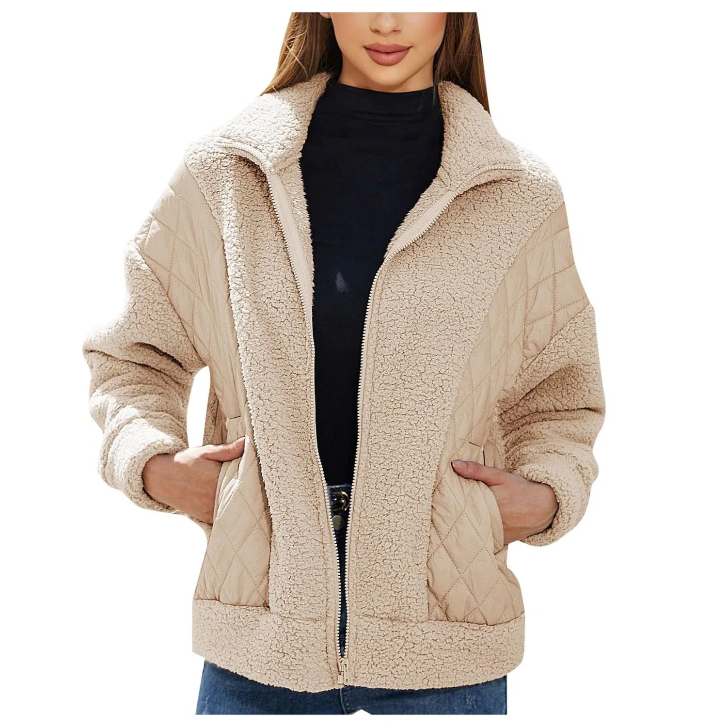 Женское пальто с длинным рукавом на молнии, Beige