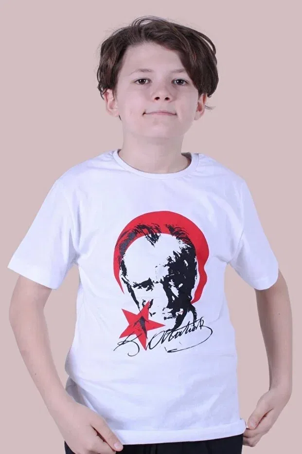 Детская футболка с принтом Signed Crescent and Star Detailed Ataturk Printed Generic Brands, White-Red