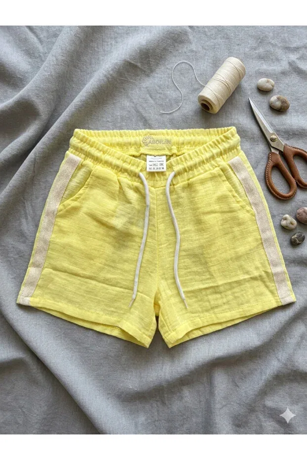 Детские шорты для девочек хлопковые с боковыми полосками Umutun Dolabi, Yellow — фото 2