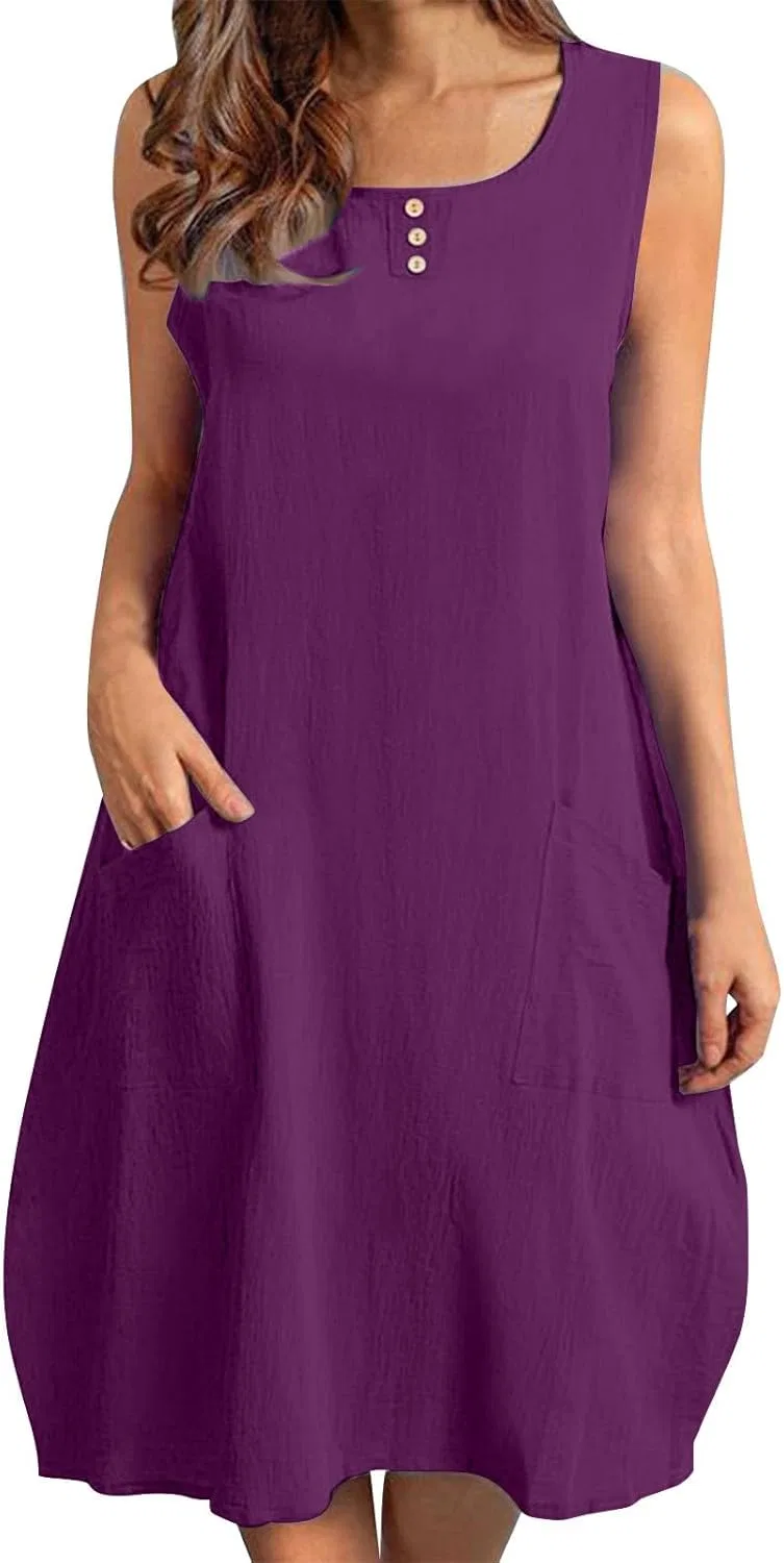 Женское летнее платье-макси с карманами Cotton Linen, Purple
