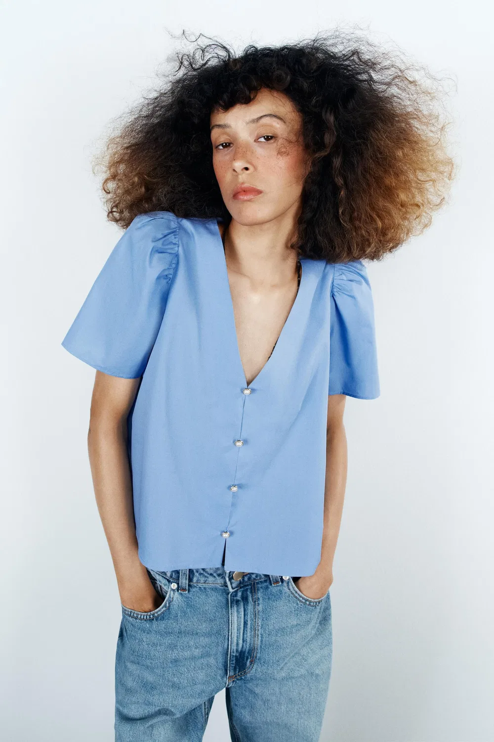 Топ из поплина с пуговицами из искусственного жемчуга ZARA, Sky blue — фото 2