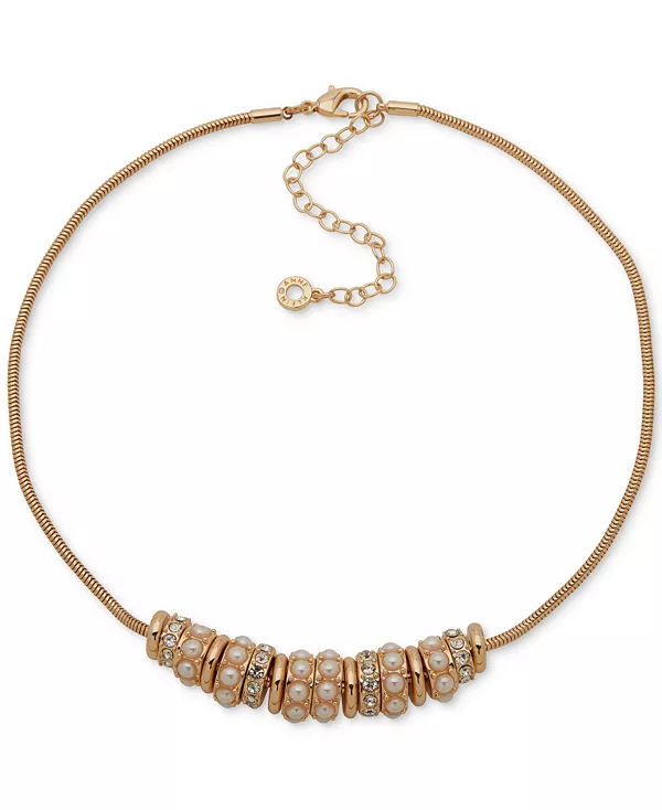 

Фронтальное ожерелье-рондель золотистого оттенка с искусственным жемчугом и стеклянными камнями Anne Klein, pearl
