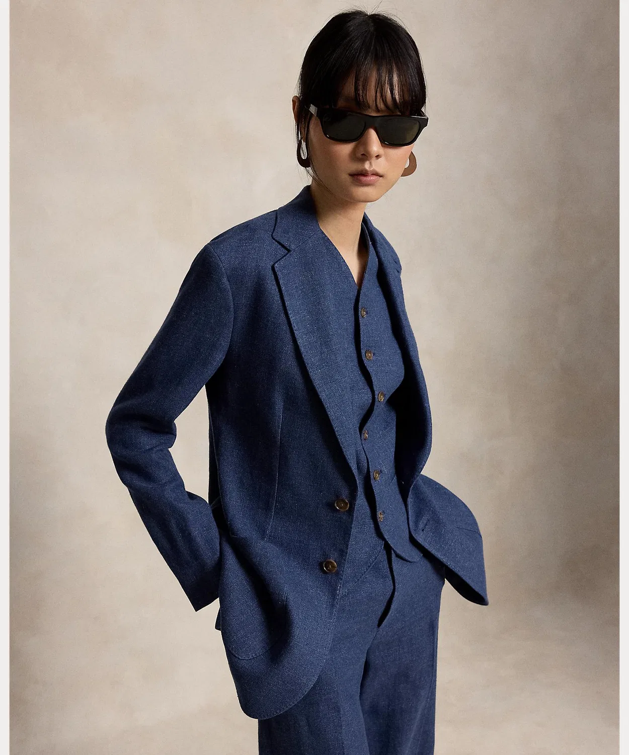 Женский блейзер из льна и хлопка, модель Single Breasted Linen Cotton Blazer POLO RALPH LAUREN, Синий