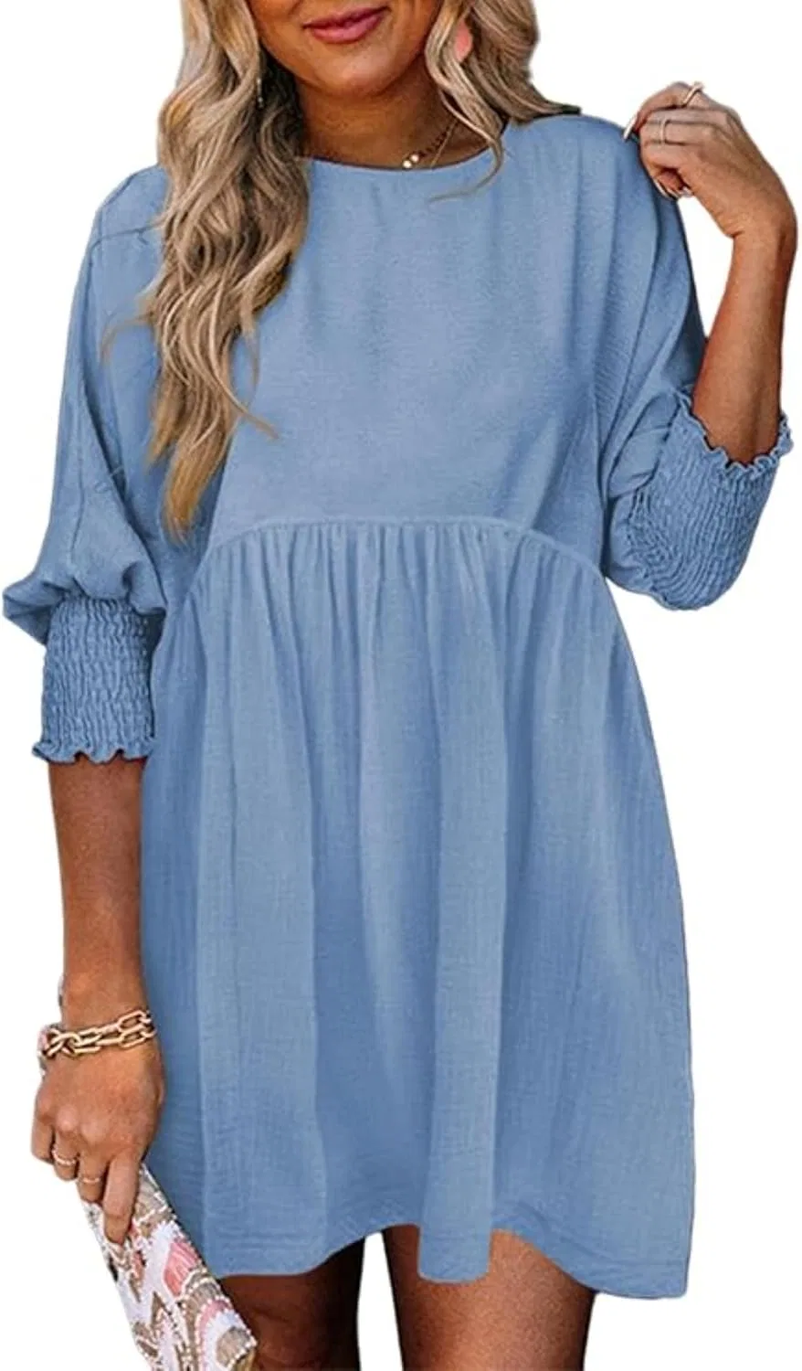 Женское мини-платье с рукавами-фонарик, Solid Crew Neck Dress, Light Blue
