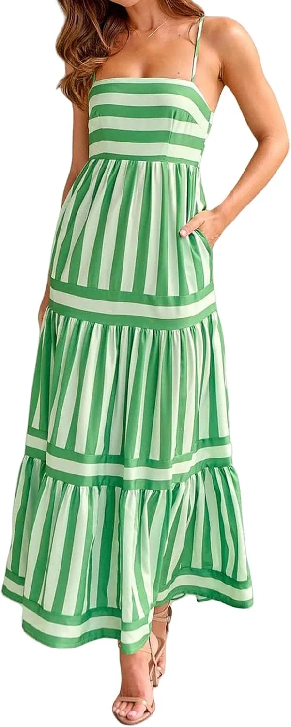 Женский сарафан макси на бретелях без спинки A-line, Green