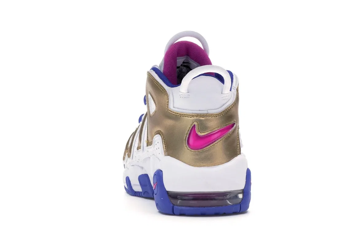 Детские кроссовки для мальчиков и девочек с перфорированным верхом Nike Air More Uptempo Nike, White/Fuchsia Blast-Metallic Gold — фото 4