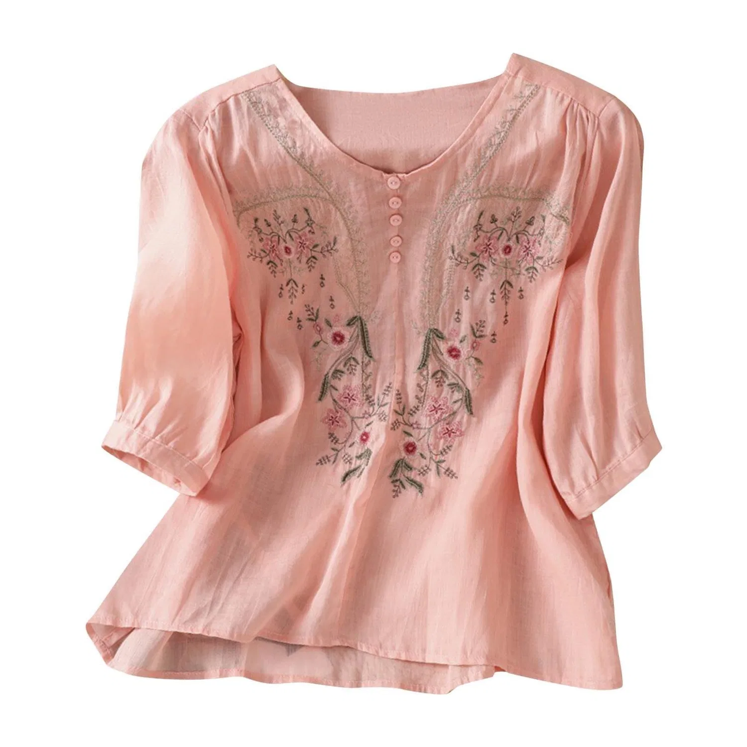 Женская льняная блуза с принтом и вышивкой Chinese Shirts, Z07-pink