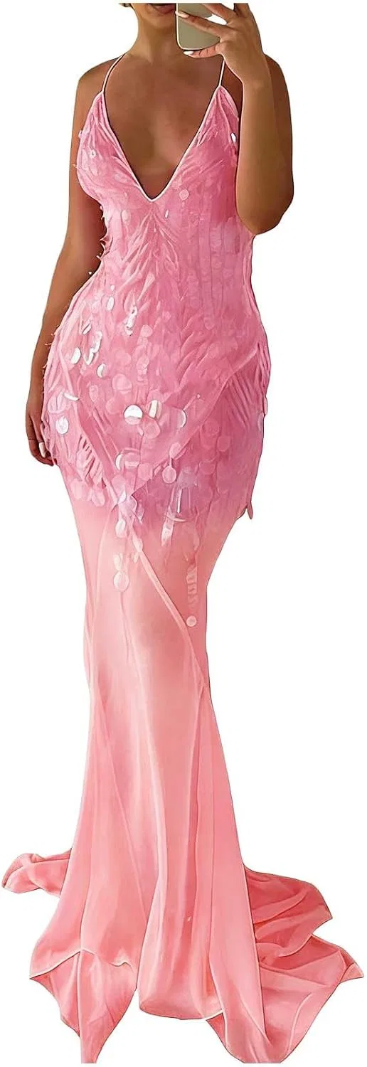 Женское вечернее платье с пайетками V-образным вырезом Mermaid, Pink