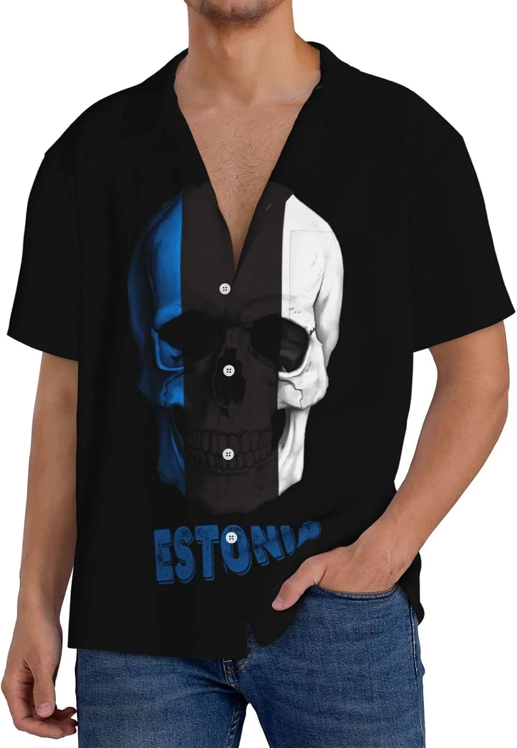 Мужская свободная рубашка с коротким рукавом и воротником-кубинка Skull Estonia Flag, Black