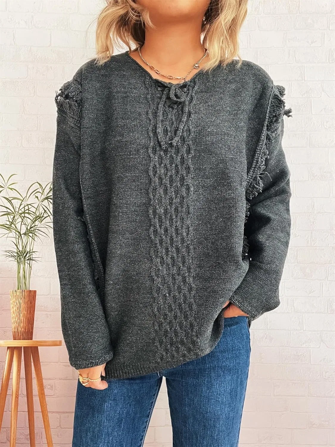 Женский пуловер с V-образным вырезом, с принтом, Argyle Knit Design — фото 4