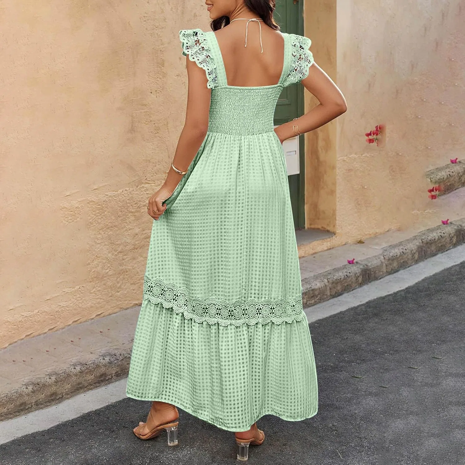 Женское летнее платье в клетку с воланами и кружевом, Mint Green — фото 4