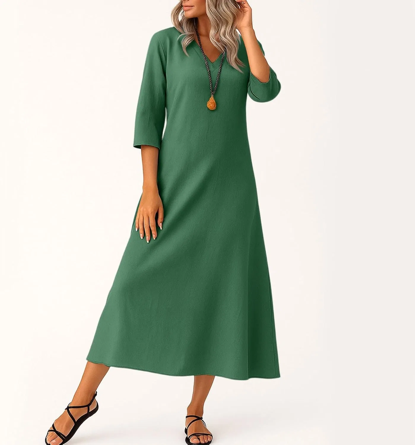 Женское льняное макси-платье a line dress, Dark Green — фото 3