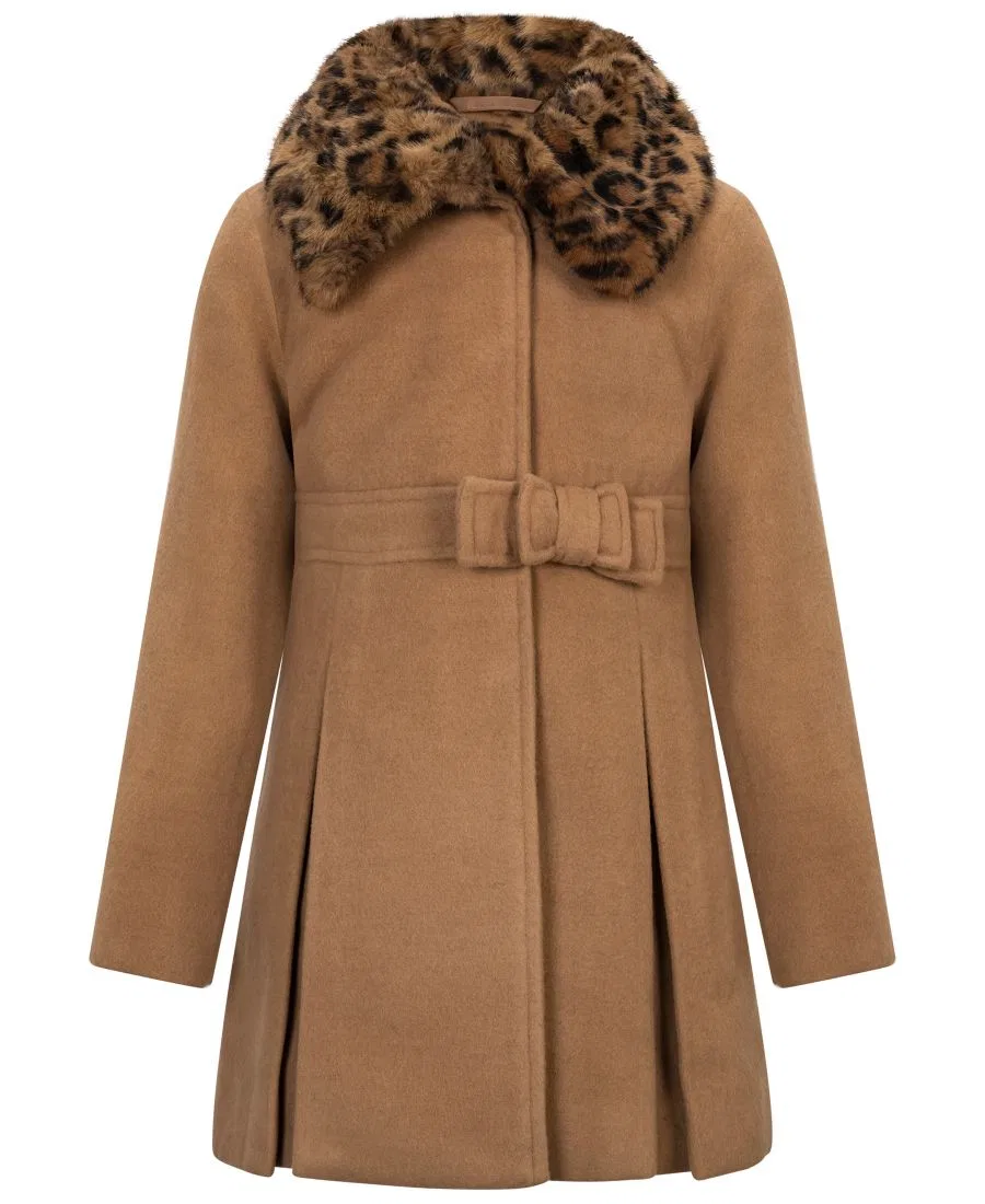 Пальто детское с двойным бантом и меховым воротником S Rothschild & CO, Camel Leopard