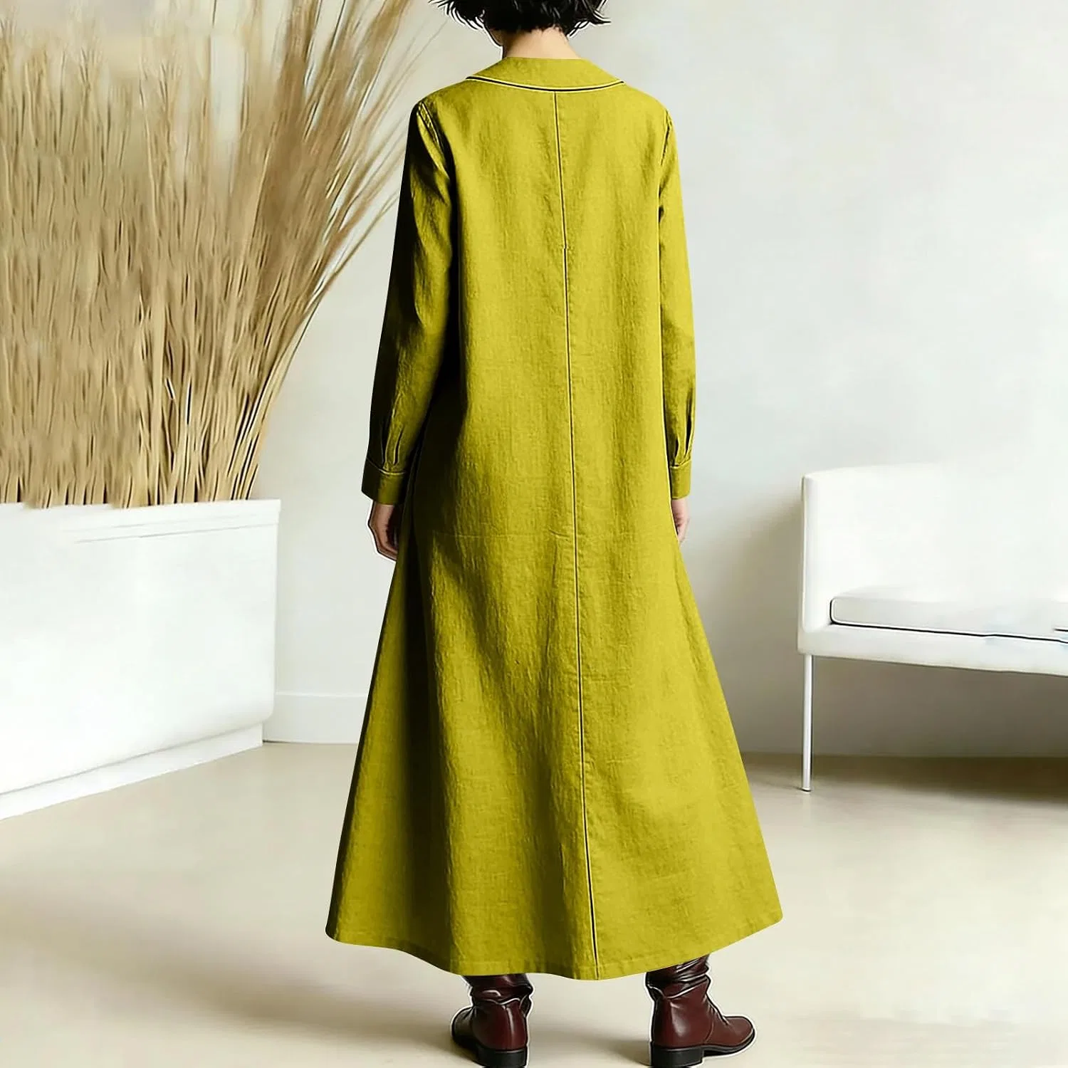 Платье-рубашка свободного кроя с карманами, Yellow — фото 4