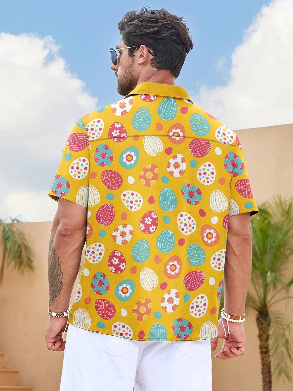 Мужская рубашка с коротким рукавом, с принтом, Easter Button Down Shirts, ярко-жёлтый — фото 3