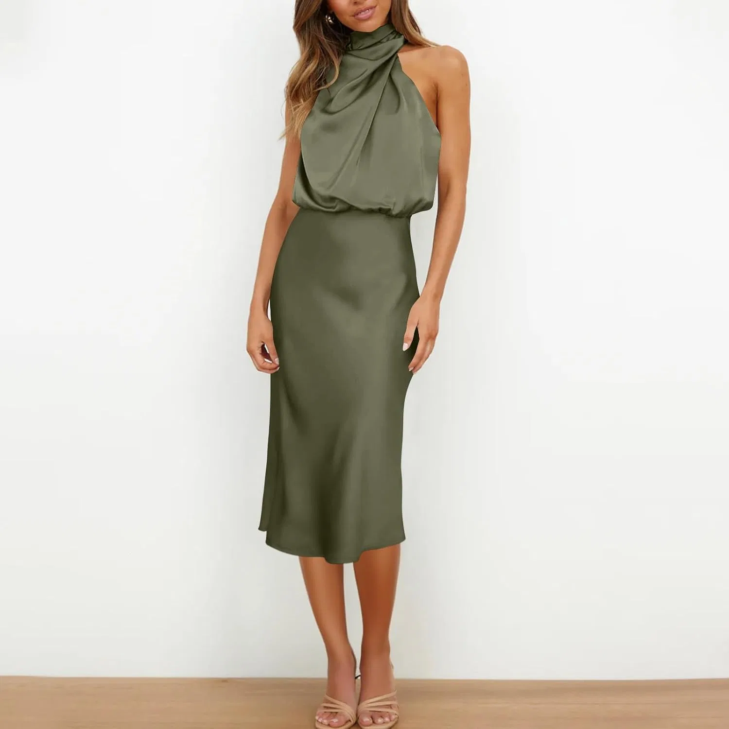 Женское атласное платье миди с открытой спиной, Army Green — фото 3