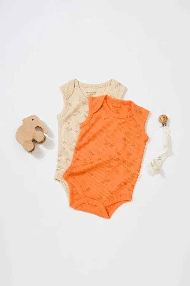 Детское боди-комбинезон с принтом Organic modal elephant printed 2-piece strap badi Babycosy, Stone-Orange