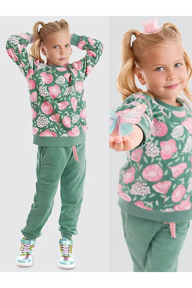 Детский спортивный комплект для девочек с принтом Pink Floral Girl's Green Winter Tracksuit Set Denokids, Khaki
