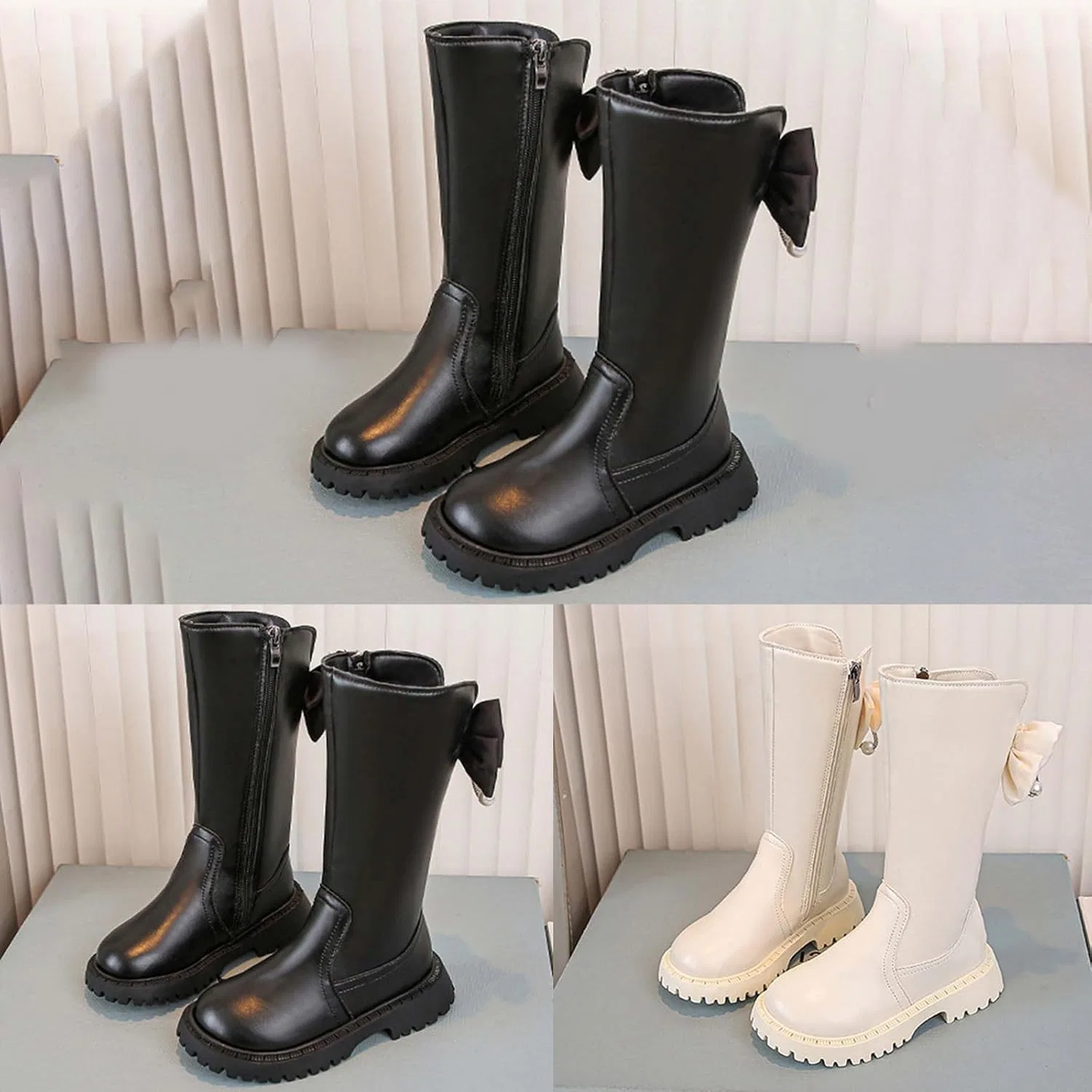 Детские сапоги для девочек с принтом банта, модель Girls Leather Knee High Boots, Beige — фото 2