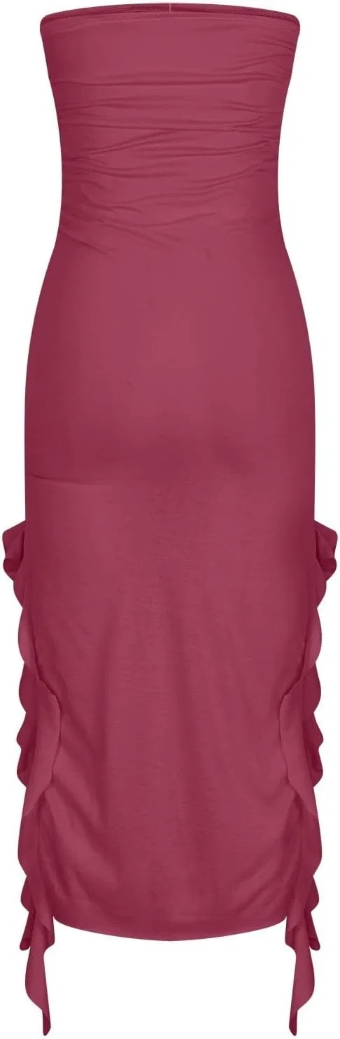 Женское асимметричное миди-платье коктейльное Ruched Bodycon, Wine — фото 4