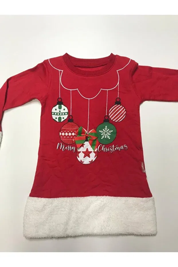 Детское платье для девочек с принтом Winter 2-thread fleece-lined and plush detailed crew neck christmas patterned baby girl children's dress Baby Slon Kids Clup, Red-Ballooned — фото 2