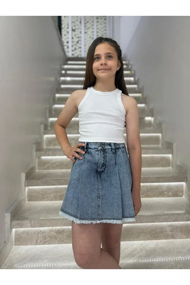 Детские шорты для девочек джинсовые с принтом Mojo girl child 9-14 years denim shorts skirt 0205 Dmb, Blue — фото 2