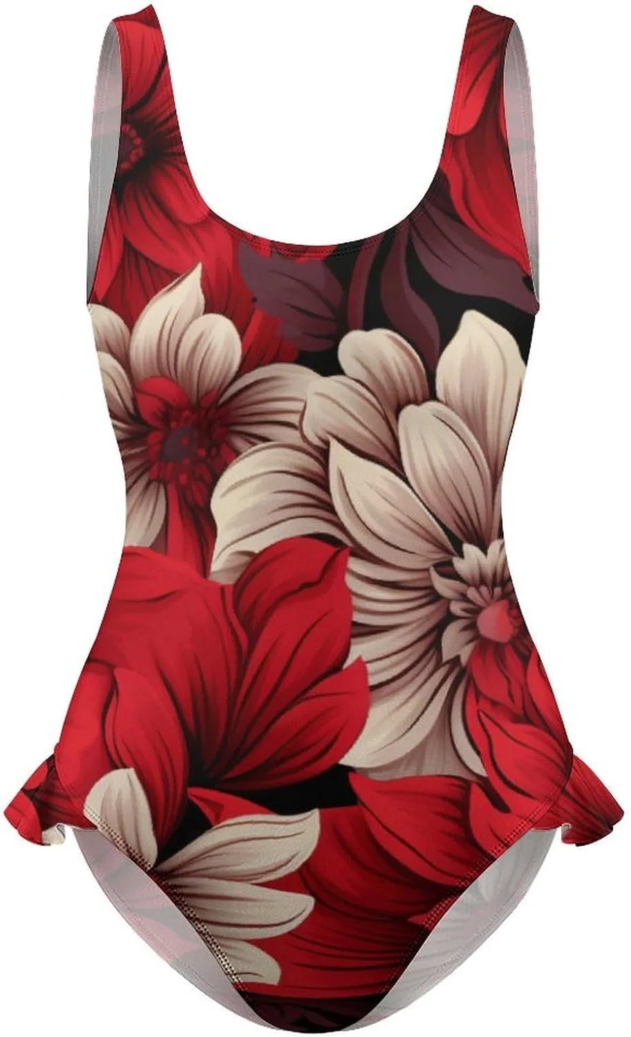 Женский цельный купальник с рюшами Hawaiian Novelty Green Floral Print, Red Floral