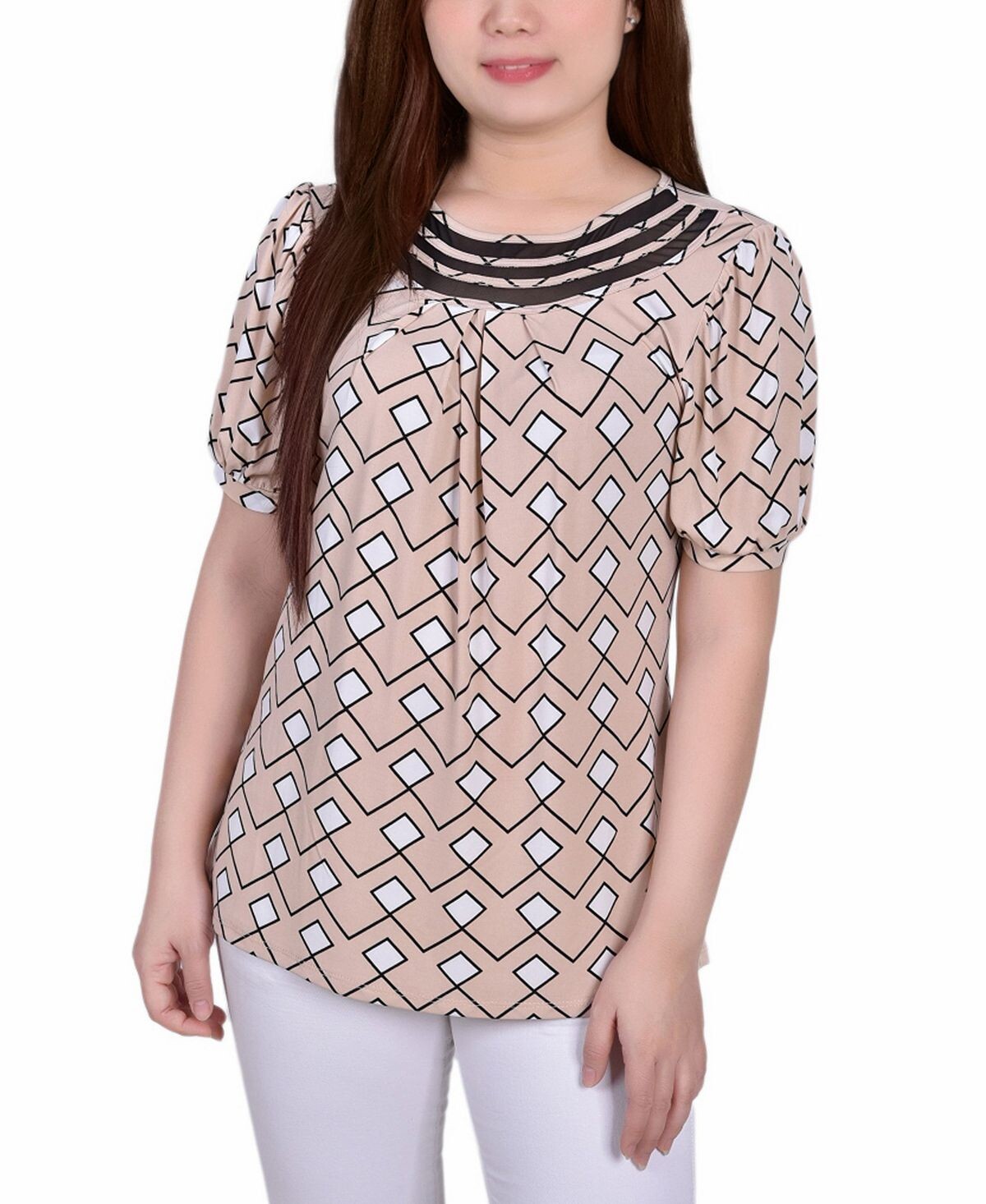 

Сетчатый топ Petite с короткими рукавами-фонариками и вставками NY Collection