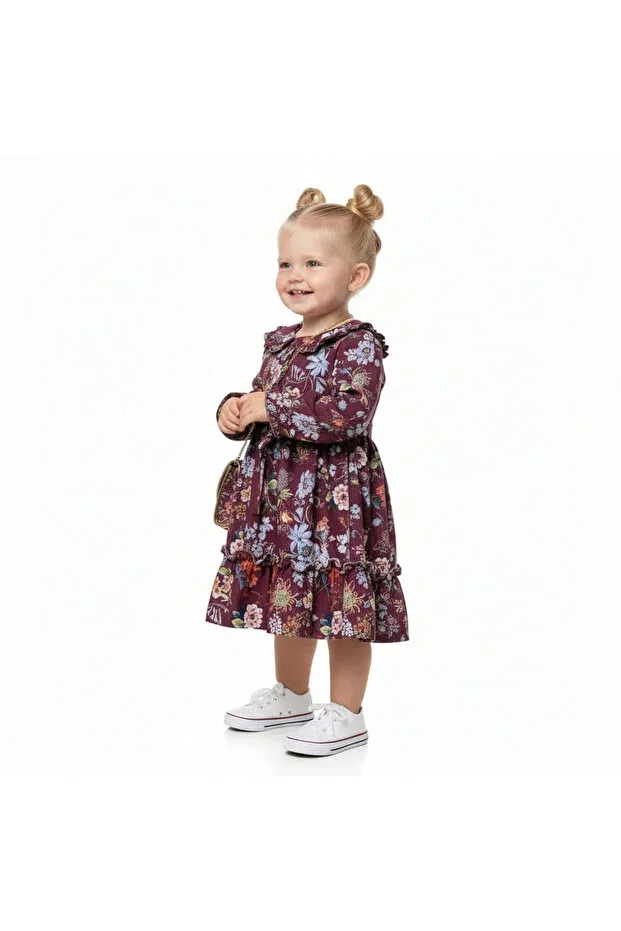 Детское платье для девочек хлопковое Floral girl's dress with bag Seabubbles, Burgundy — фото 4