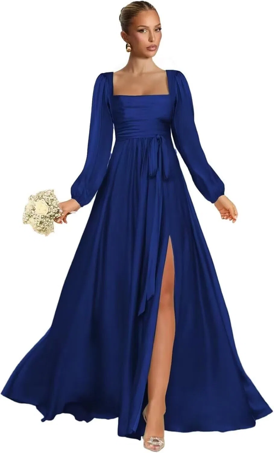 Женское вечернее платье A-силуэта с длинным рукавом и разрезом, Royal Blue