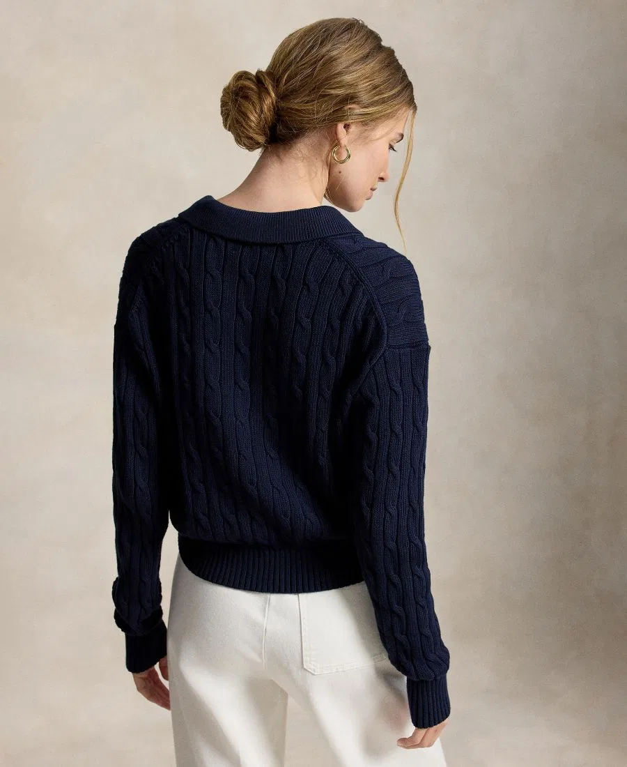 Кардиган женский с воротником-поло, длинным рукавом, из хлопка Polo Ralph Lauren, Hunter Navy — фото 3