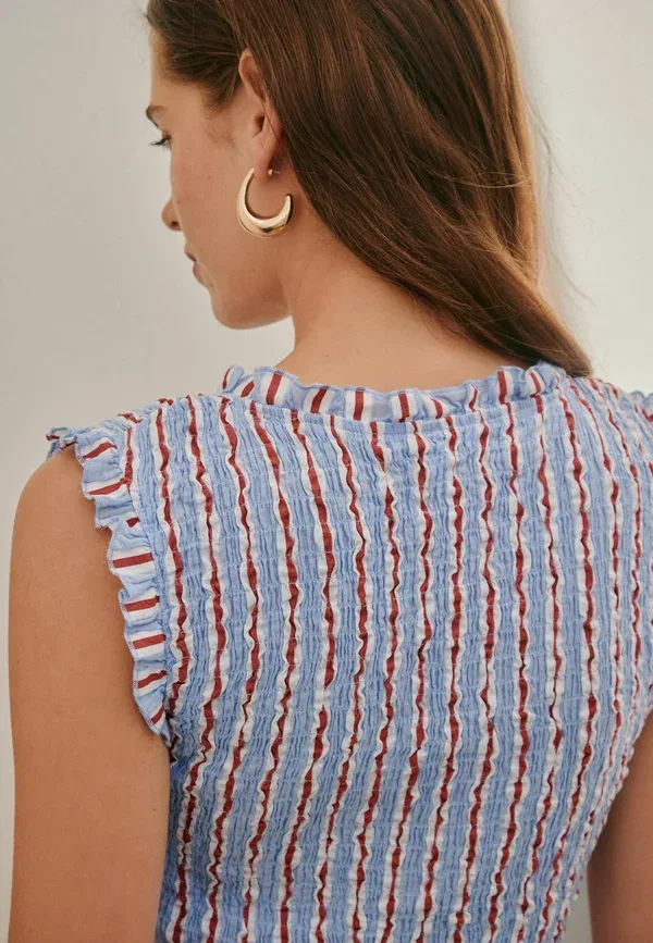 Блуза с запахом, хлопок, Regular fit - smocked tie front v-neck top Next, red blue stripe, синий — фото 3
