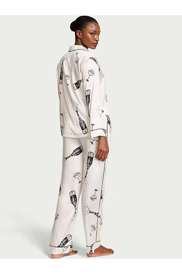 Женский пижамный комплект из сатина с длинным рукавом Victoria'S Secret, White With Champagne Print — фото 2