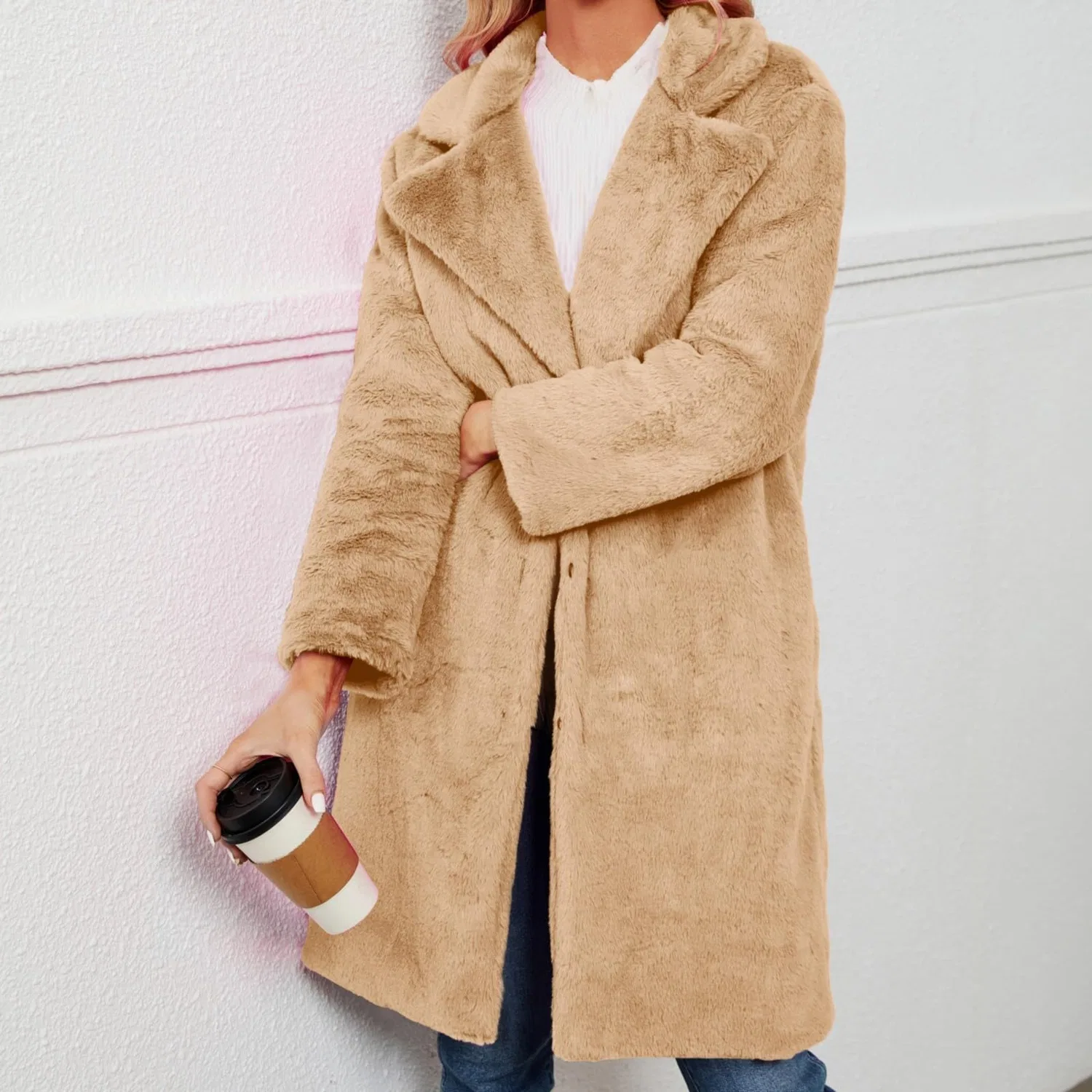 Женское зимнее пальто с открытым передом, модель Furry Jackets Sweaters, dark khaki — фото 3