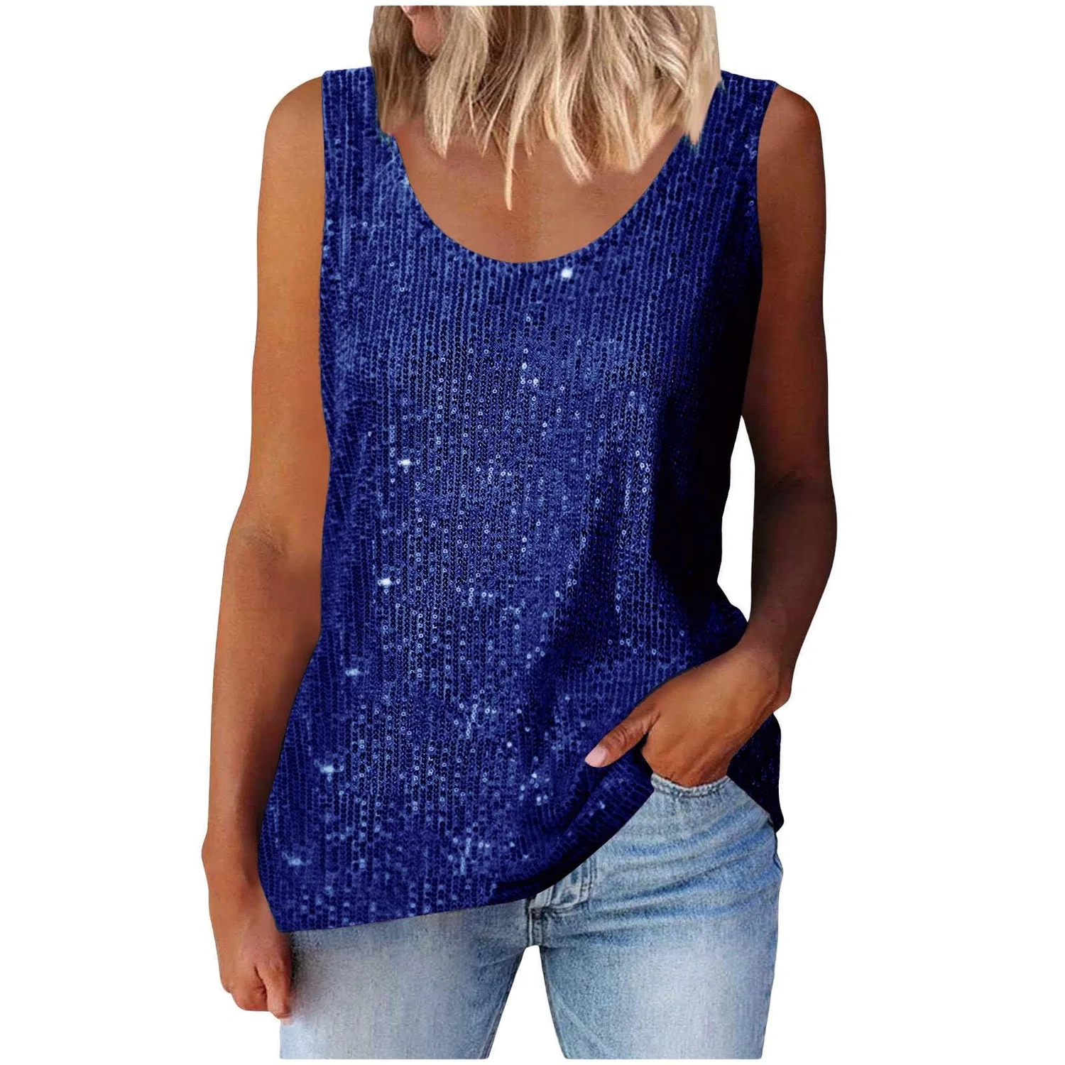 Женская туника без рукавов с блестками Sparkly Elegant Loose Sleeveless Tunic Top, Blue