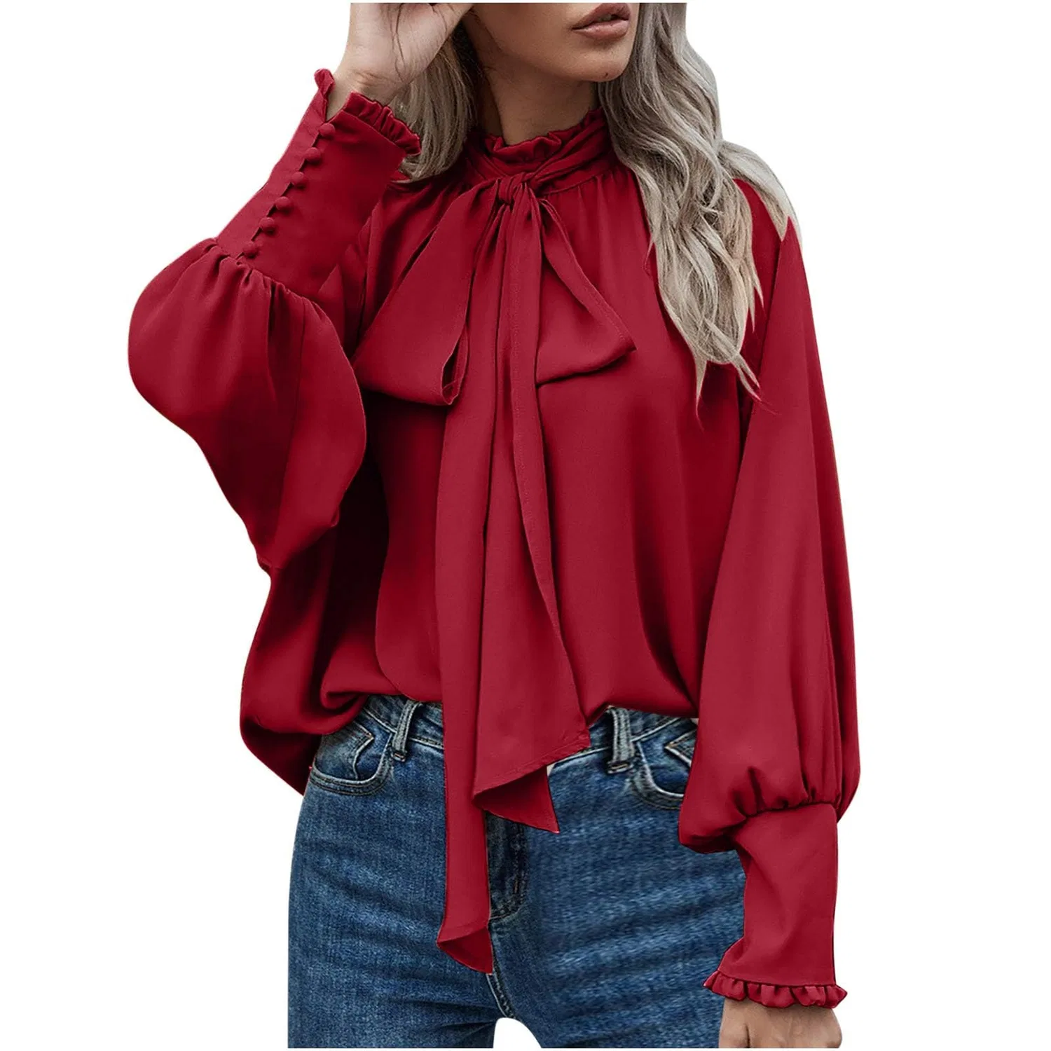 Женская блуза с бантом и рукавами-фонариками Elegant Bow Knot Mock Neck Top Ruffles Sleeve Lantern, Red