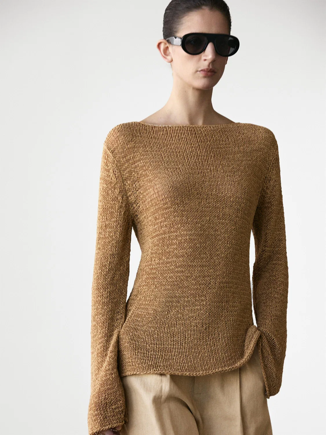 Вязаный свитер с вырезом-лодочкой из смесовой хлопковой ткани Massimo Dutti, Ochre — фото 2