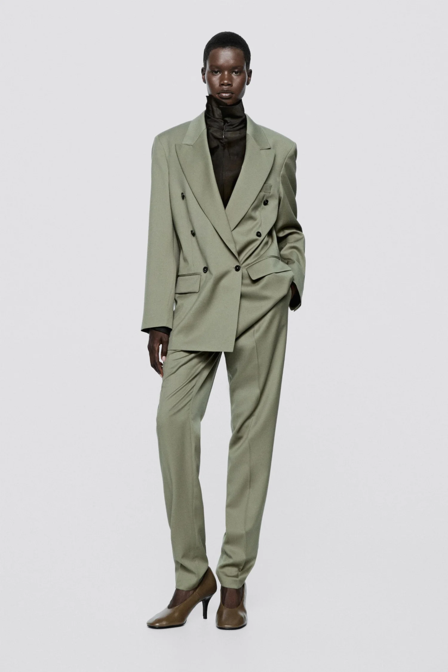 Пиджак Massimo Dutti Oversize Double-breasted Suit - Limited Edition, зелено-серый