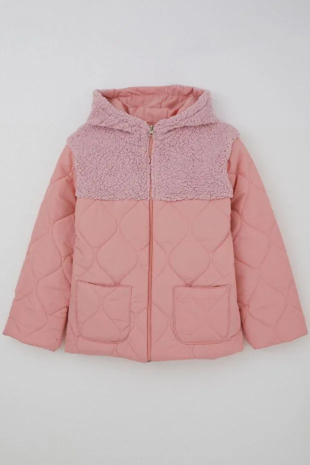 Детское пальто для девочек стеганое Girls Quilted Coat with Zipper and Plush Detail Ages 5-8 Reycan, Salmon — фото 3