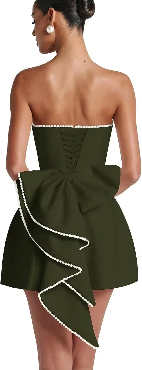 Женское короткое атласное платье с корсетом и бантом YHW87, Olive Green