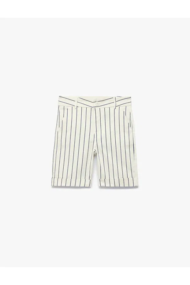 Детские шорты для мальчиков из габардина с полоской Cotton pocketed elasticated waist adjustable gabardine striped shorts Koton, Ecru Striped